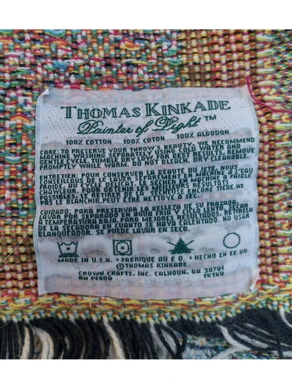 Thomas Kinkade Tapestry Throw Blanket Cottage Bridge Floral Cotton USA Licensed